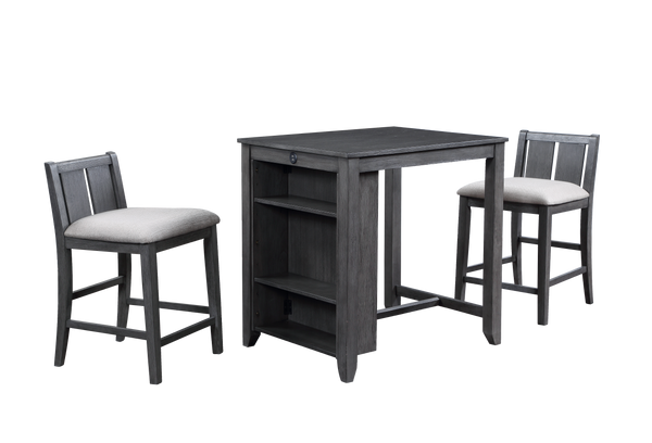 HESTON 36" STORAGE COUNTER TABLE SET W/2 CHAIRS-GRAY